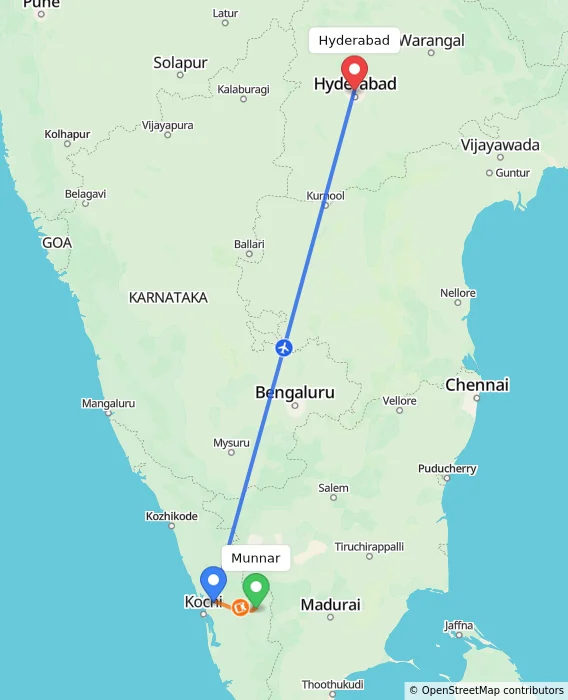 Route map showing distance and travel time from Munnar, India to Hyderabad, India