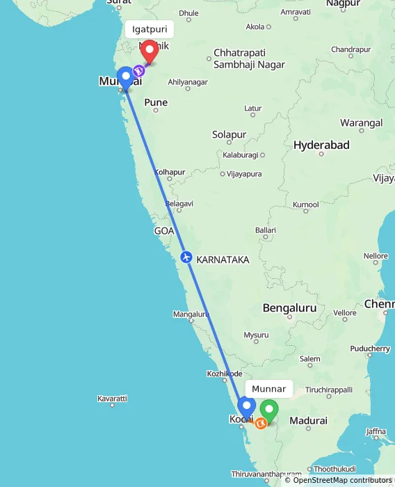 Route map showing distance and travel time from Munnar, India to Igatpuri, India