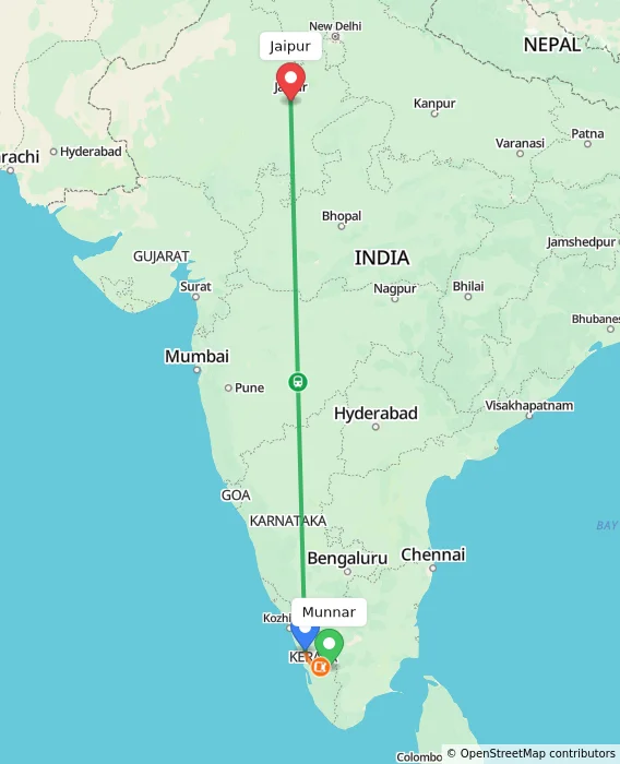 Route map showing distance and travel time from Munnar, India to Jaipur, India