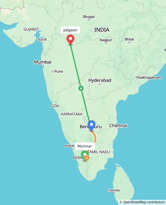Route map showing distance and travel time from Munnar, India to Jalgaon, India