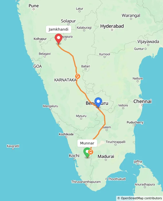 Route map showing distance and travel time from Munnar, India to Jamkhandi, India