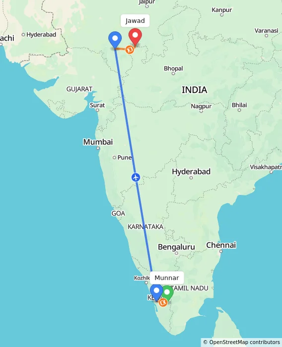 Route map showing distance and travel time from Munnar, India to Jawad, India