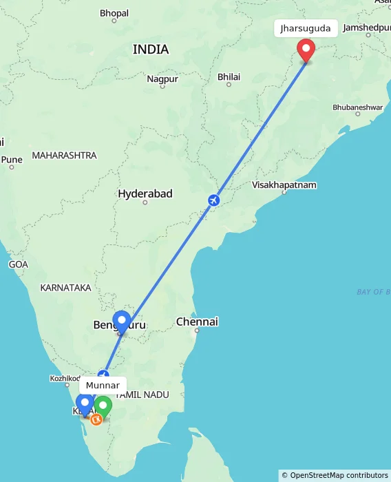 Route map showing distance and travel time from Munnar, India to Jharsuguda, India
