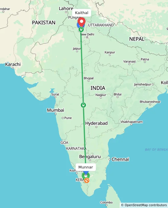 Route map showing distance and travel time from Munnar, India to Kaithal, India