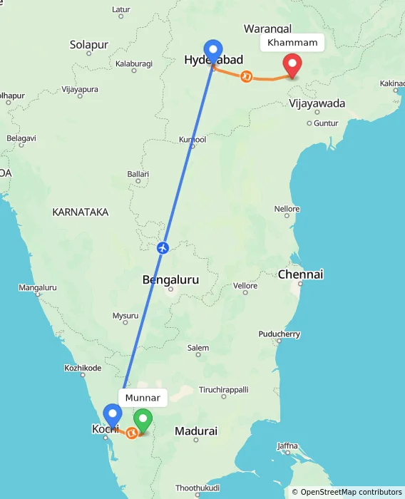 Route map showing distance and travel time from Munnar, India to Khammam, India