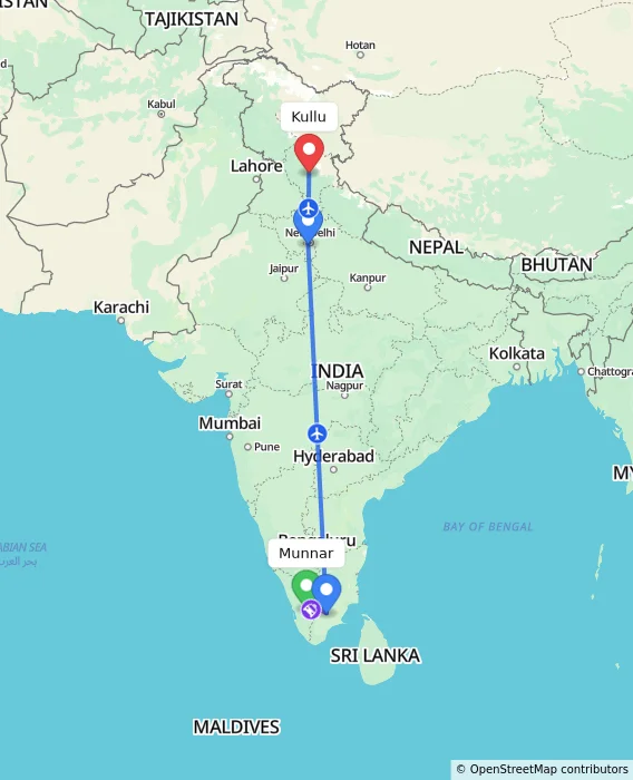 Route map showing distance and travel time from Munnar, India to Kullu, India