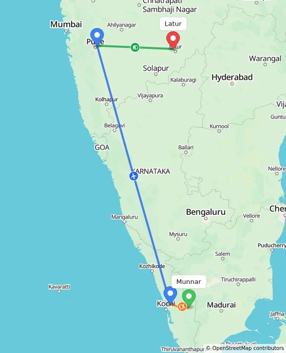 Route map showing distance and travel time from Munnar, India to Latur, India