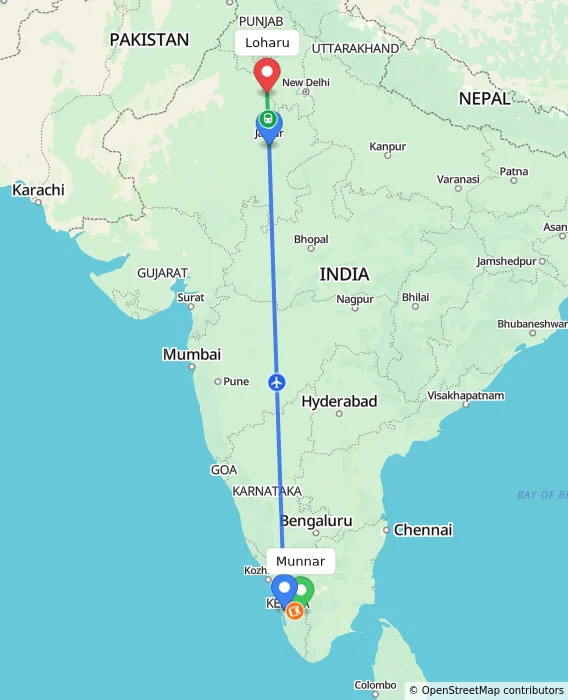 Route map showing distance and travel time from Munnar, India to Loharu, India