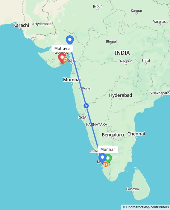 Route map showing distance and travel time from Munnar, India to Mahuva, India