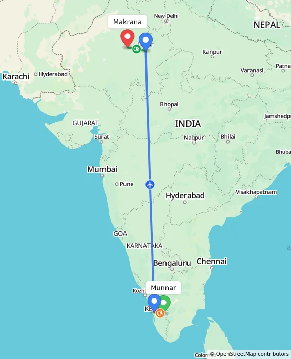 Route map showing distance and travel time from Munnar, India to Makrana, India