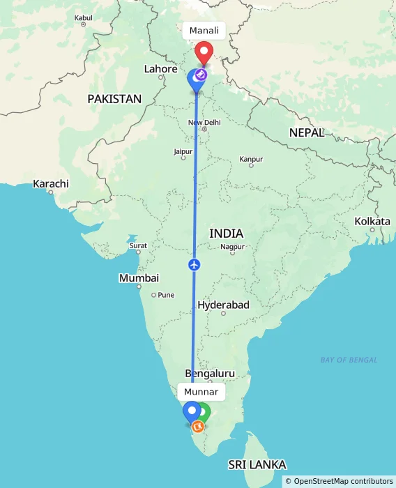 Route map showing distance and travel time from Munnar, India to Manali, India