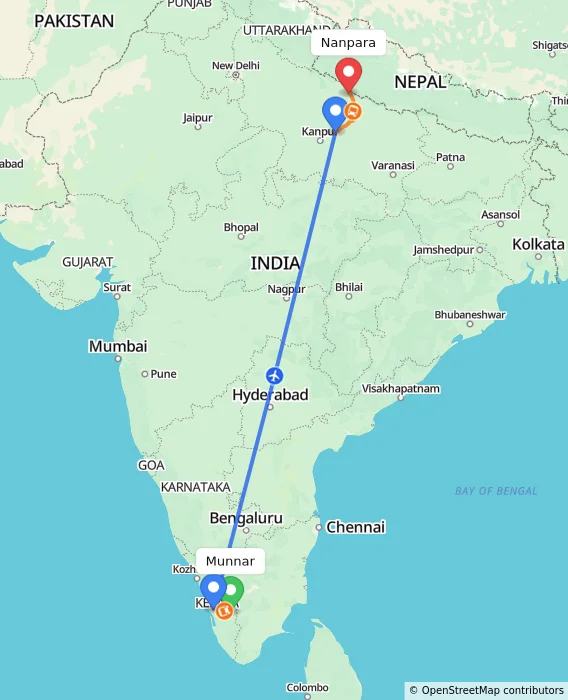 Route map showing distance and travel time from Munnar, India to Nanpara, India
