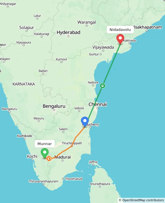 Route map showing distance and travel time from Munnar, India to Nidadavolu, India