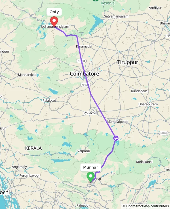 Route map showing distance and travel time from Munnar, India to Ooty, India
