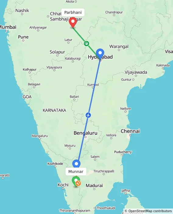 Route map showing distance and travel time from Munnar, India to Parbhani, India