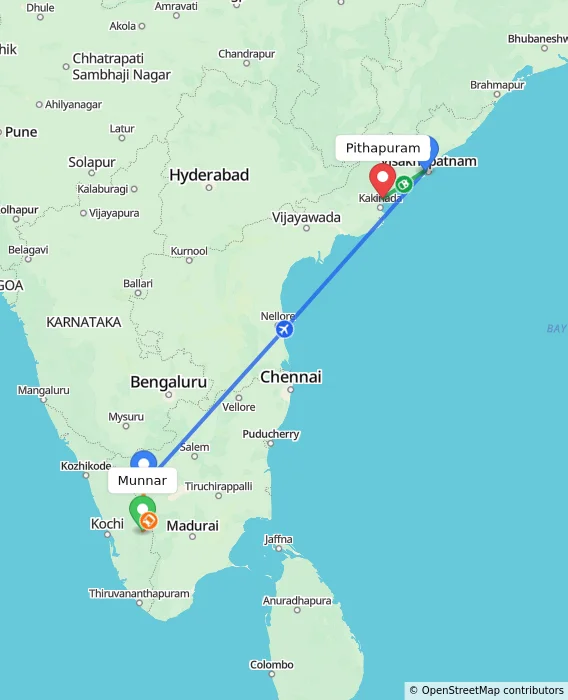Route map showing distance and travel time from Munnar, India to Pithapuram, India