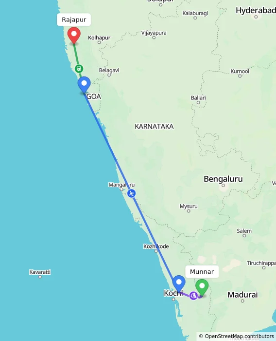 Route map showing distance and travel time from Munnar, India to Rajapur, India