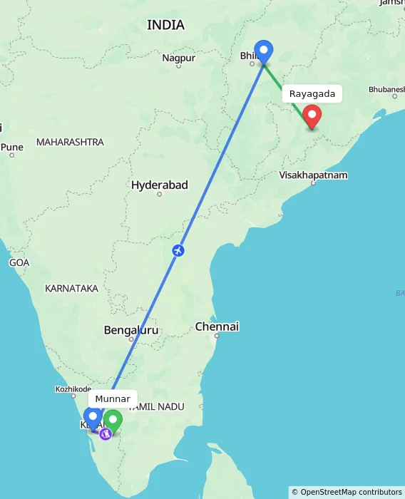 Route map showing distance and travel time from Munnar, India to Rayagada, India