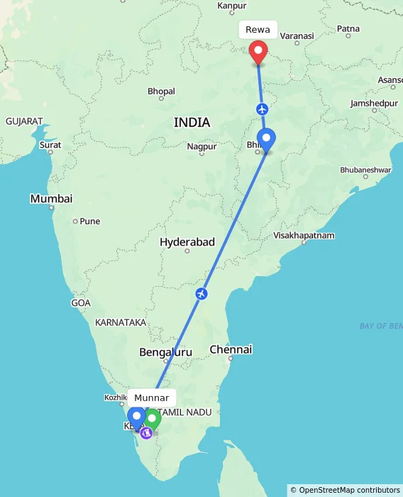 Route map showing distance and travel time from Munnar, India to Rewa, India