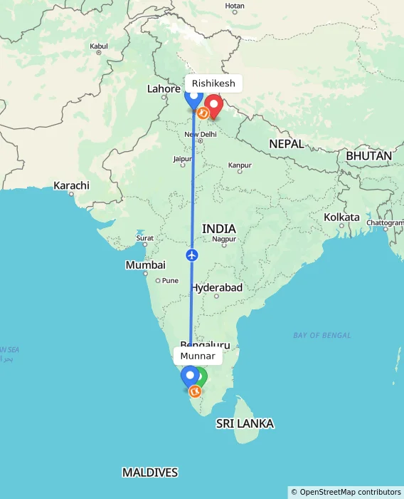 Route map showing distance and travel time from Munnar, India to Rishikesh, India