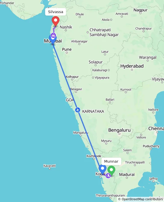 Route map showing distance and travel time from Munnar, India to Silvassa, India