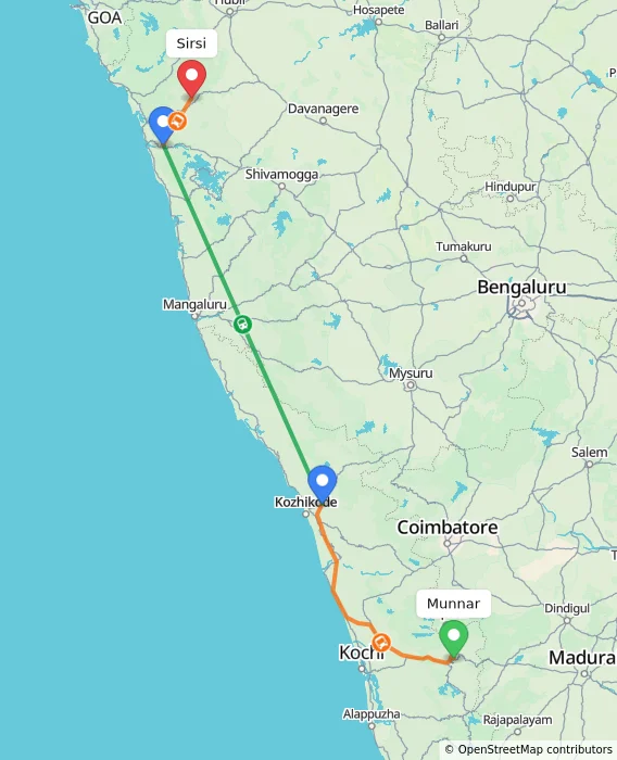 Route map showing distance and travel time from Munnar, India to Sirsi, India