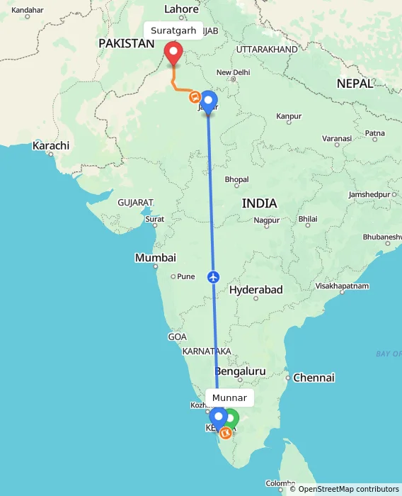 Route map showing distance and travel time from Munnar, India to Suratgarh, India