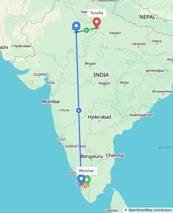 Route map showing distance and travel time from Munnar, India to Tundla, India