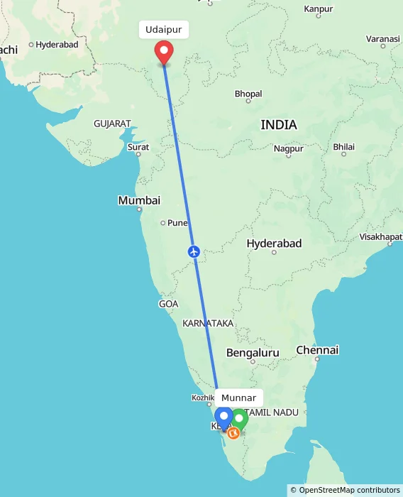 Route map showing distance and travel time from Munnar, India to Udaipur, India