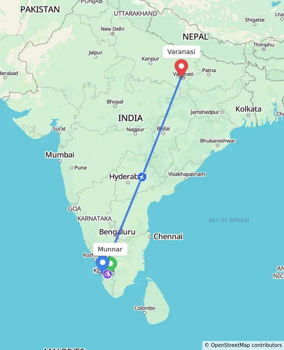 Route map showing distance and travel time from Munnar, India to Varanasi, India