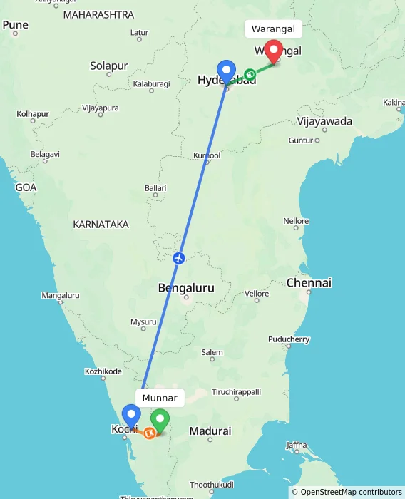 Route map showing distance and travel time from Munnar, India to Warangal, India