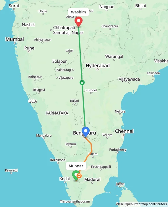 Route map showing distance and travel time from Munnar, India to Washim, India