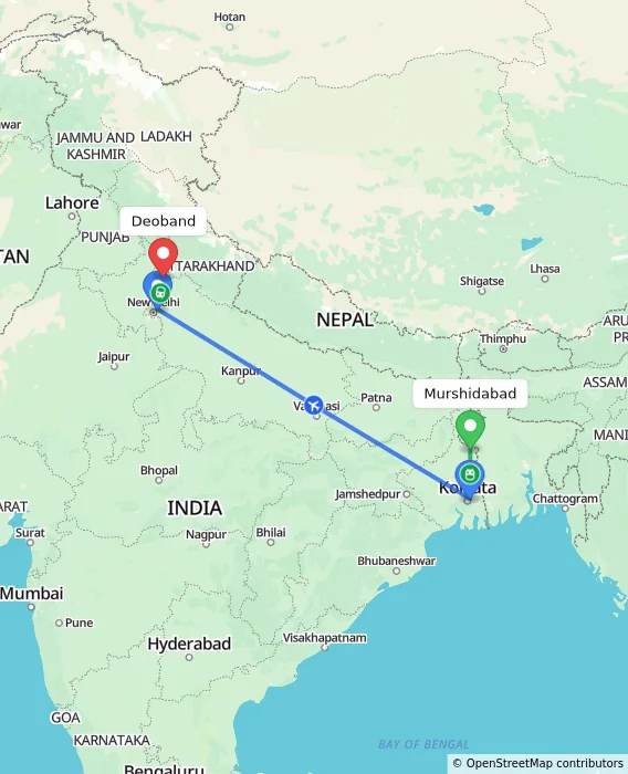 Route map showing distance and travel time from Murshidabad, India to Deoband, India