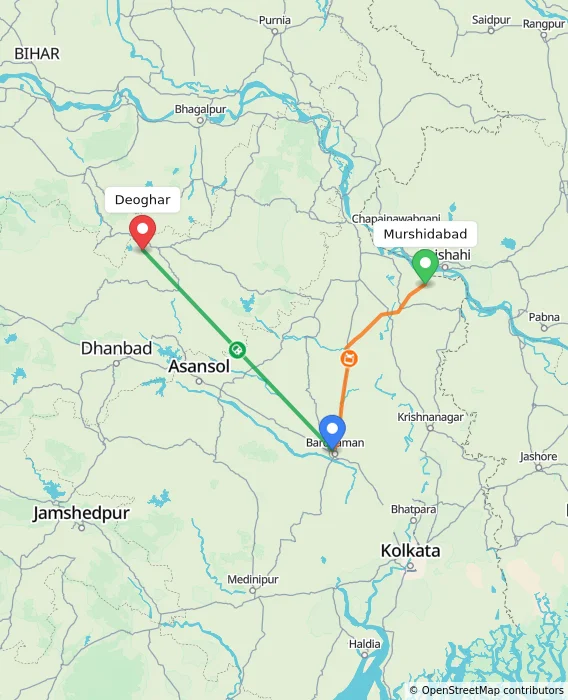 Route map showing distance and travel time from Murshidabad, India to Deoghar, India