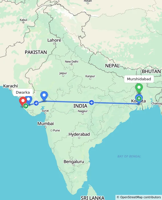 Route map showing distance and travel time from Murshidabad, India to Dwarka, India