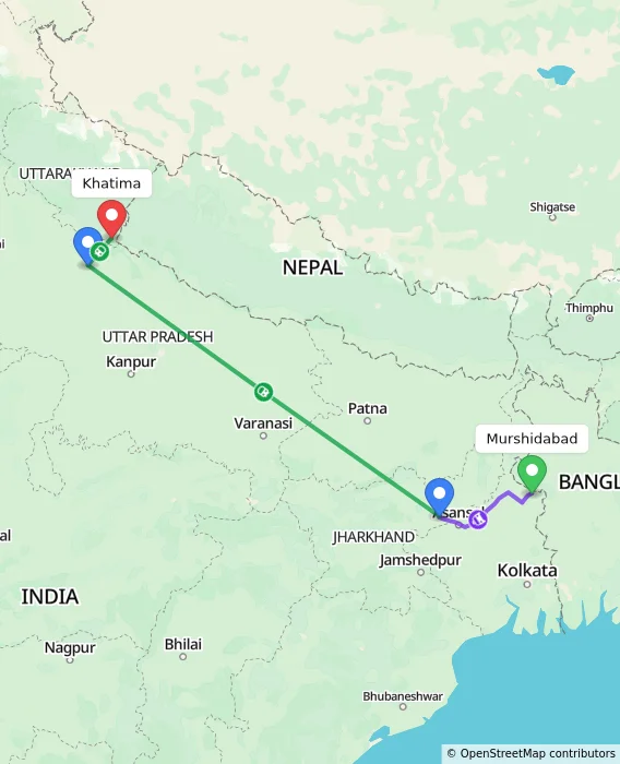 Route map showing distance and travel time from Murshidabad, India to Khatima, India