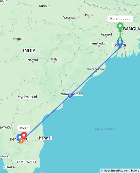 Route map showing distance and travel time from Murshidabad, India to Kolar, India