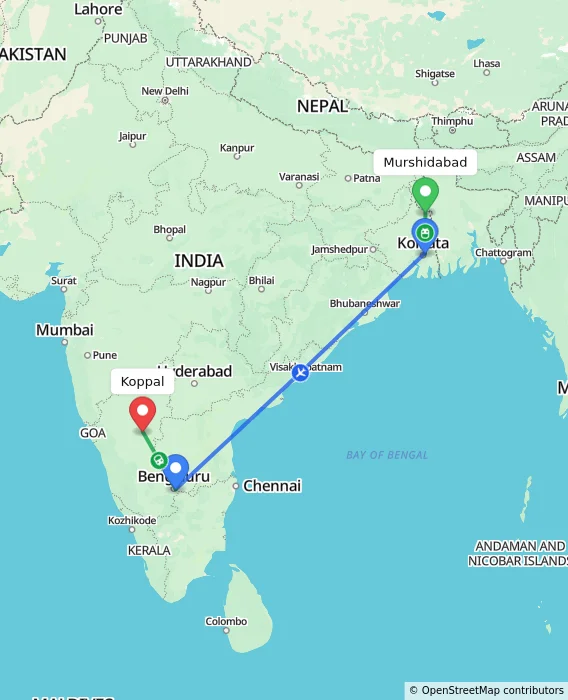 Route map showing distance and travel time from Murshidabad, India to Koppal, India