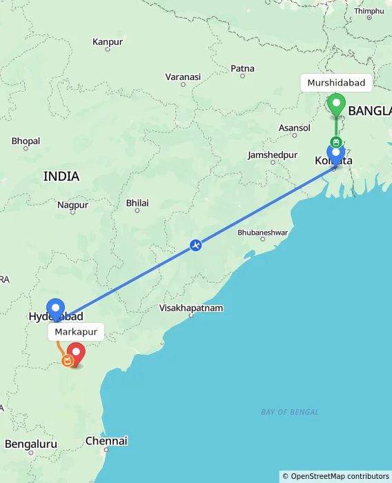 Route map showing distance and travel time from Murshidabad, India to Markapur, India