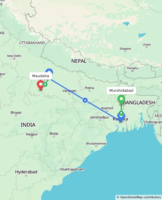 Route map showing distance and travel time from Murshidabad, India to Maudaha, India