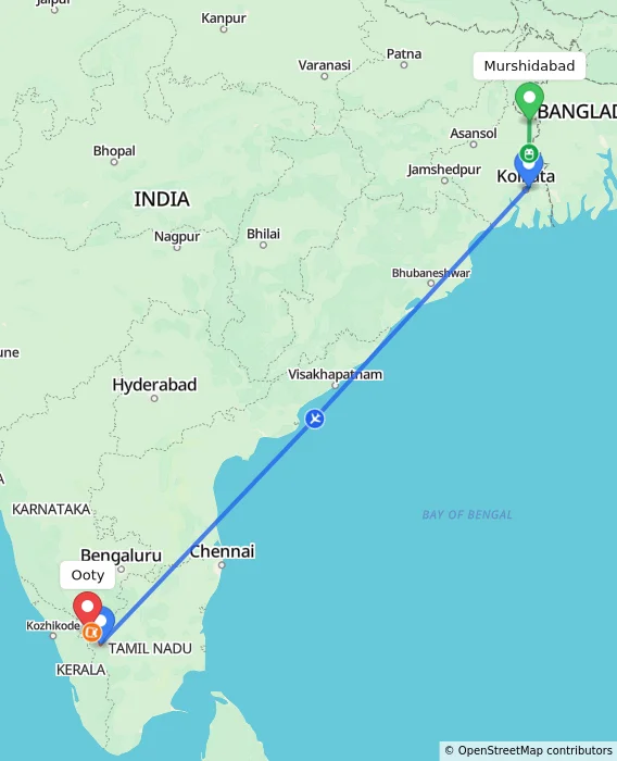 Route map showing distance and travel time from Murshidabad, India to Ooty, India
