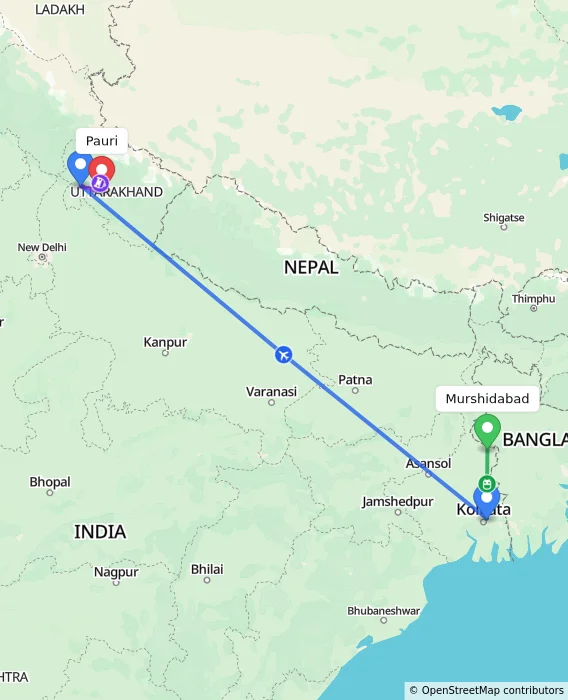 Route map showing distance and travel time from Murshidabad, India to Pauri, India