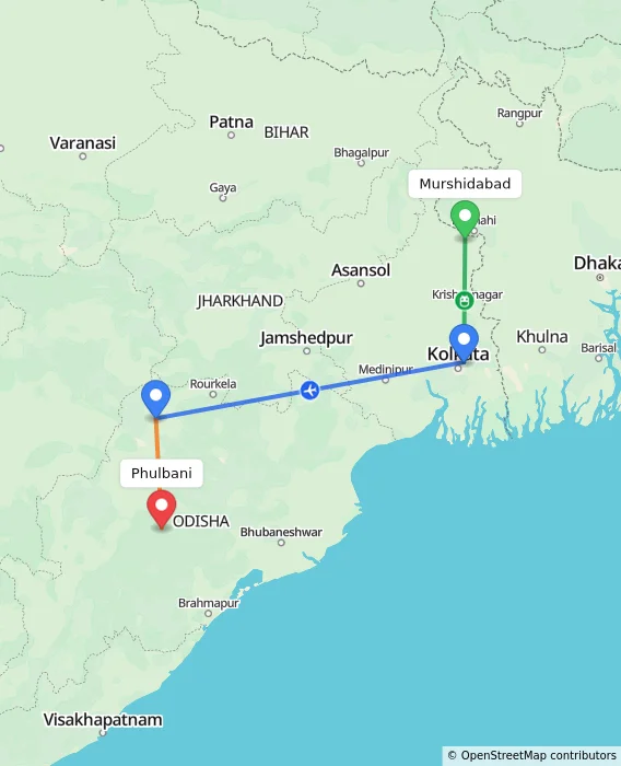 Route map showing distance and travel time from Murshidabad, India to Phulbani, India