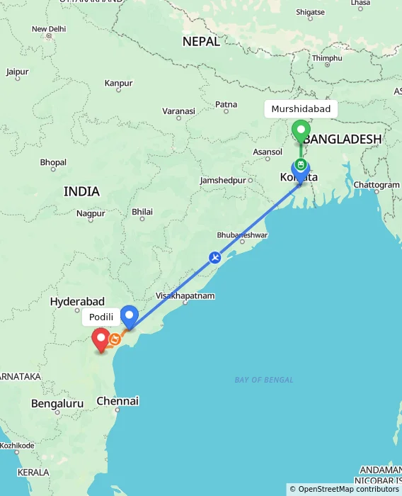 Route map showing distance and travel time from Murshidabad, India to Podili, India