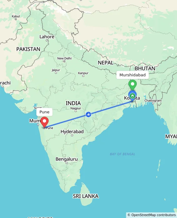 Route map showing distance and travel time from Murshidabad, India to Pune, India