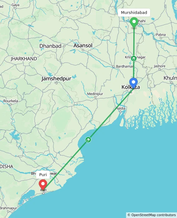Route map showing distance and travel time from Murshidabad, India to Puri, India