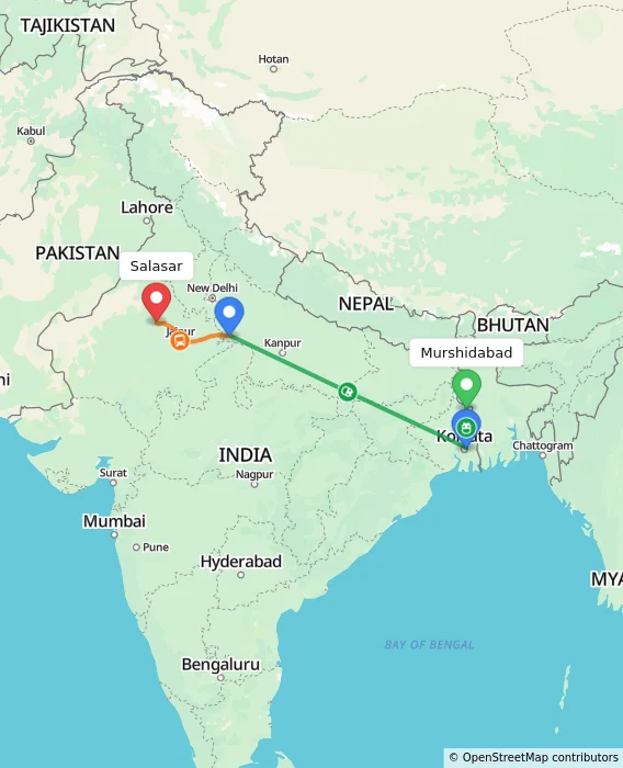 Route map showing distance and travel time from Murshidabad, India to Salasar, India