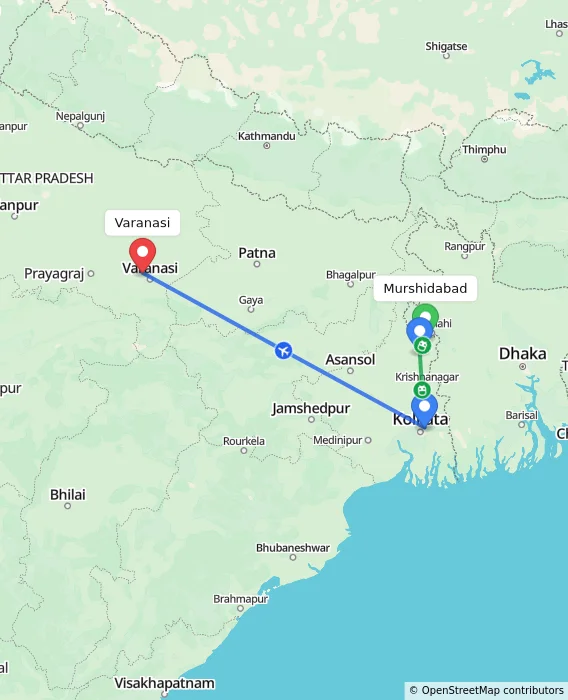 Route map showing distance and travel time from Murshidabad, India to Varanasi, India