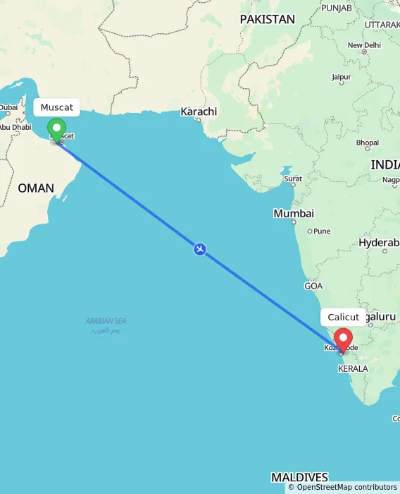 Route map showing distance and travel time from Muscat, Oman to Calicut, India