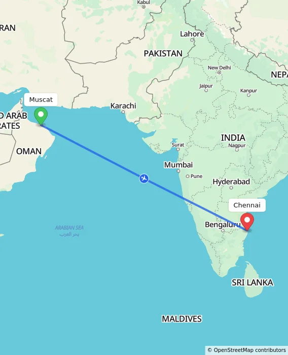 Route map showing distance and travel time from Muscat, Oman to Chennai, India
